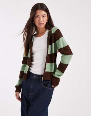 Collusion COLLUSION knitted stripe shrunken hoodie in mint choc stripe-Brown