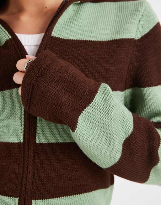 COLLUSION knitted stripe shrunken hoodie in mint choc stripe, 3 of 4
