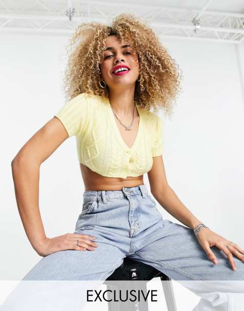 COLLUSION knitted super crop cardigan in yellow