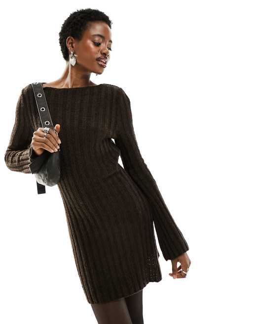 COLLUSION knitted texture slash neck mini dress in chocolate