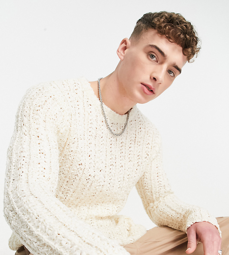 COLLUSION knitted textured crewneck jumper in bright white-Blue