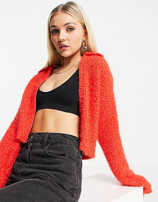 Women COLLUSION knitted textured zip through collared cardigan in red 
