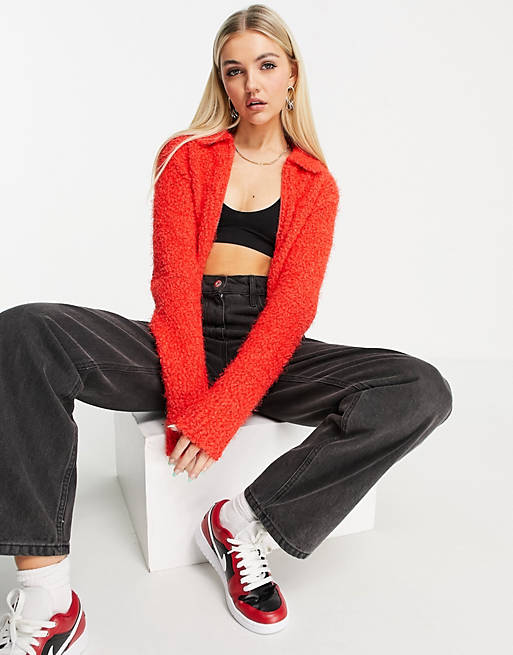 Women COLLUSION knitted textured zip through collared cardigan in red 