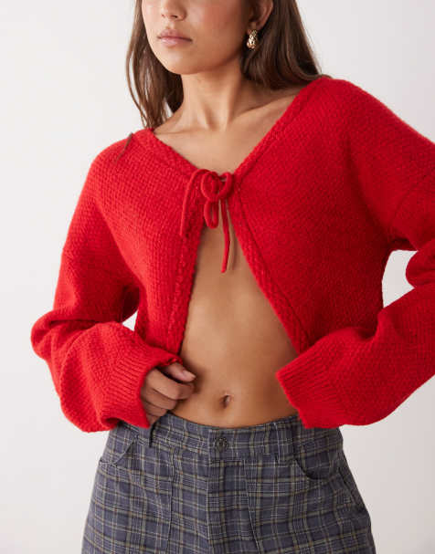 COLLUSION knitted tie front cardi in red - view 1
