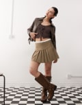 [Collusion] COLLUSION knitted tie front top in brown-Grey XS Brown