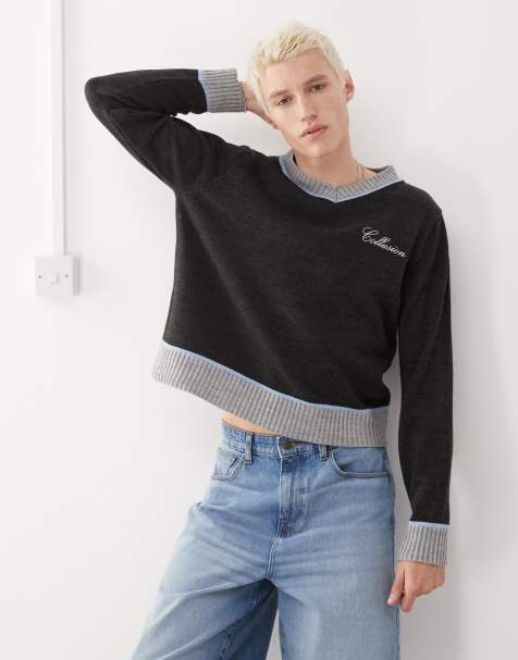 COLLUSION knitted v neck boxy jumper in charcoal - view 1