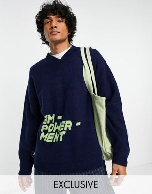 COLLUSION knitted v neck jumper with text print in navy