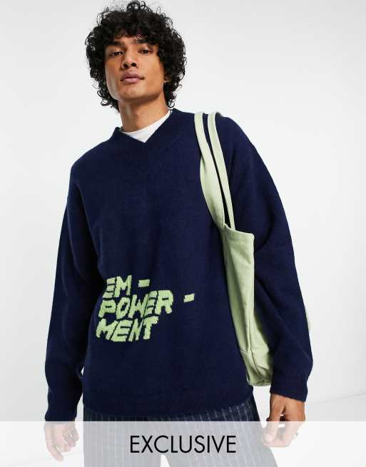 COLLUSION knitted v neck jumper with text print in navy