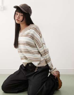 Collusion COLLUSION knitted v neck striped jumper in blue