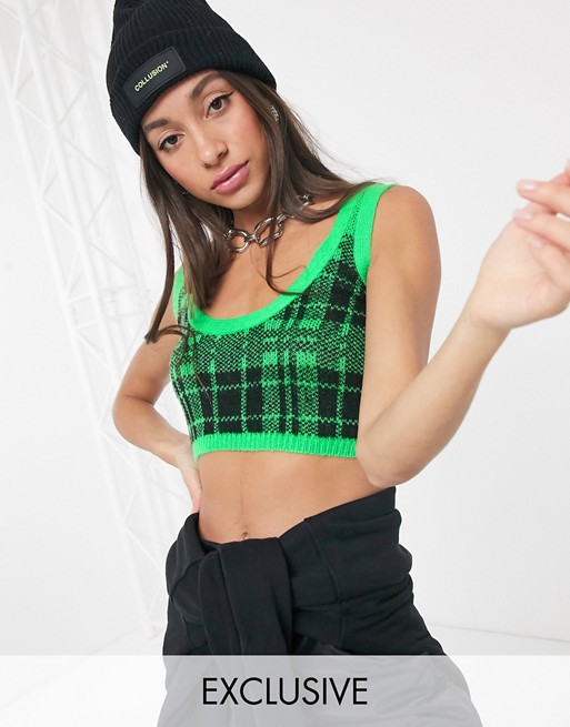 COLLUSION knitted vest in green and black check