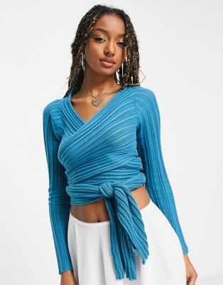 COLLUSION knitted wrap cardigan in bright blue