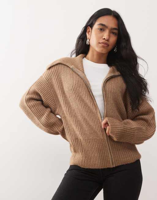 COLLUSION knitted zip through cardi in mocha brown, 2 of 4