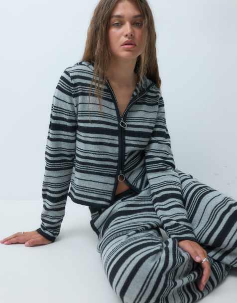 COLLUSION knitted zip through fitted hoodie in black stripe (part of a set) - view 1