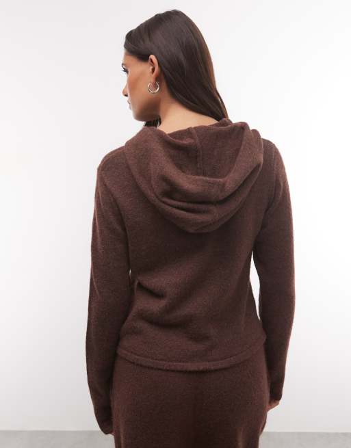 COLLUSION knitted zip through fitted hoodie in chocolate, 3 of 4