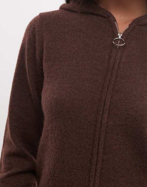 COLLUSION knitted zip through fitted hoodie in chocolate, 4 of 4