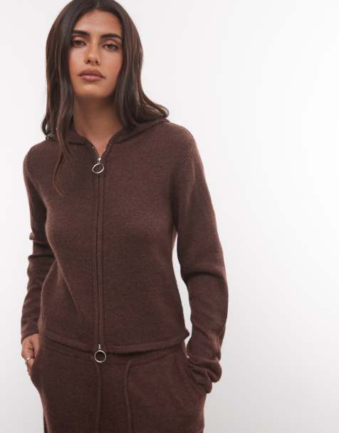 COLLUSION knitted zip through fitted hoodie & joggers in chocolate - view 1
