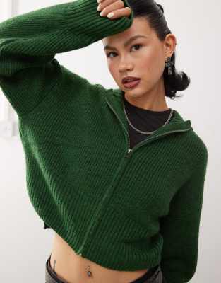 knitted zip up cardigan with ribbed collar in dark green-Gray