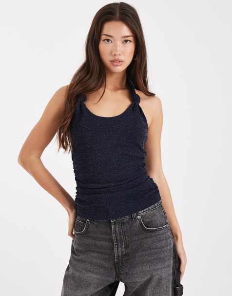COLLUSION knot tie halter top in midnight blue sparkle
