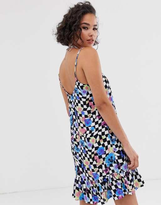 COLLUSION - Korte cami-jurk met dambord- en bloemenprint, 2 van 4