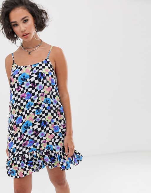 COLLUSION - Korte cami-jurk met dambord- en bloemenprint, 4 van 4