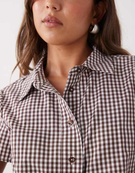 COLLUSION - Kortærmet figursyet skjorte med bordeaux gingham-tern, 4 af 4
