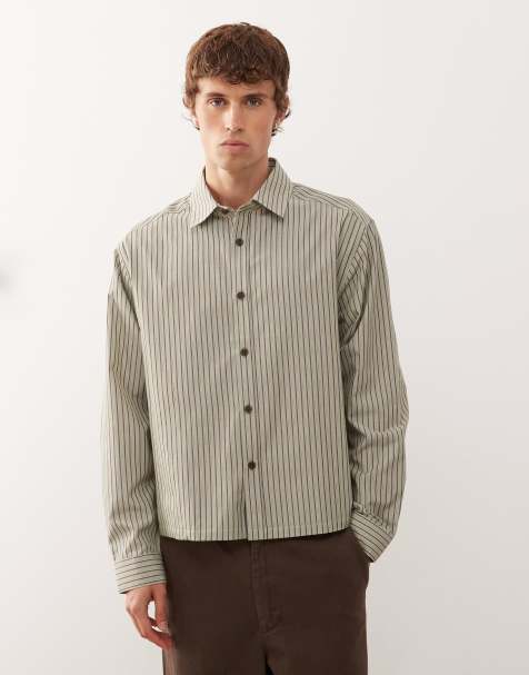 COLLUSION boxy long sleeve stripe shirt in khaki