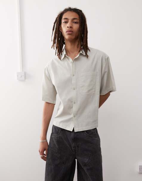 COLLUSION boxy linen look short sleeve shirt in oatmeal