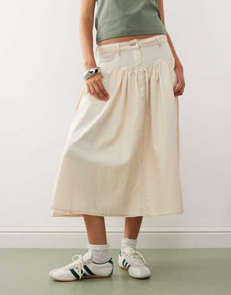 COLLUSION linen look skirt with contrast stitch in buttermilk yellow