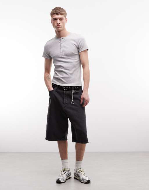 COLLUSION – Kurzärmliges, körperbetontes und geripptes Henley-T-Shirt in meliertem Grau, 2 von 5