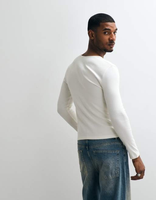 COLLUSION – Kurzärmliges, körperbetontes und geripptes Henley-T-Shirt in Steinbeige, 3 von 5