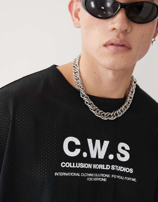 COLLUSION – Kurzes, kastiges T-Shirt aus Airtex-Sportmaterial in Schwarz , 3 von 4