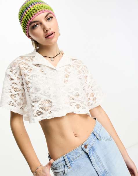 COLLUSION lace cropped beach shirt co ord in optic white - view 1