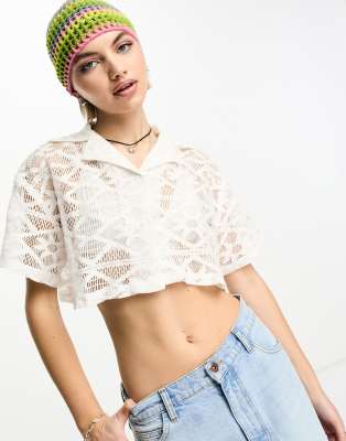 lace cropped beach shirt in optic white - part of a set-Blue