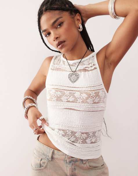 COLLUSION lace high neck sleeveless top in cream - view 1