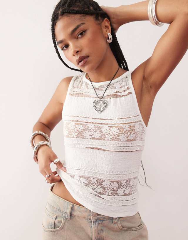COLLUSION lace high neck sleeveless top in cream | ASOS