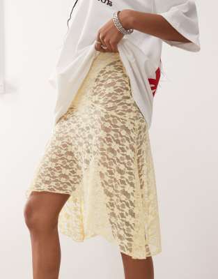 Collusion Lace Sheer Midi Skirt In Yellow