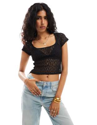 Collusion Lace Square Neck Top-black