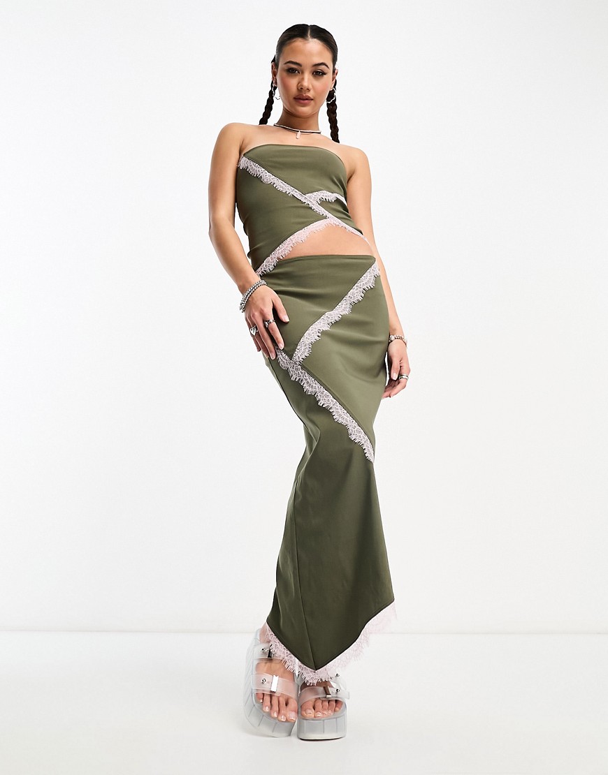 COLLUSION lace trim asymmetric hem bengaline midi skirt in khaki-Green