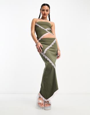 COLLUSION lace trim asymmetric hem bengaline midi skirt in olive-Green