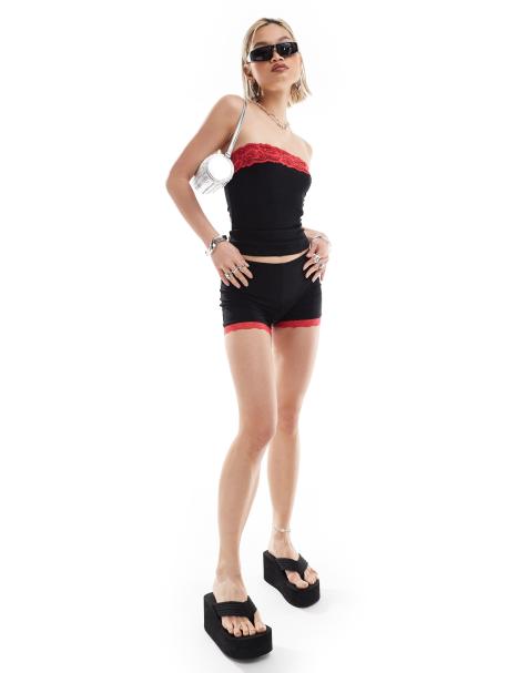 COLLUSION lace trim bandeau and micro shorts set in black - view 1
