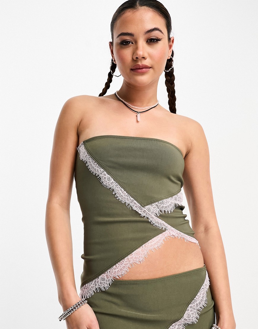 COLLUSION lace trim bengaline bandeau co-ord in khaki-Green