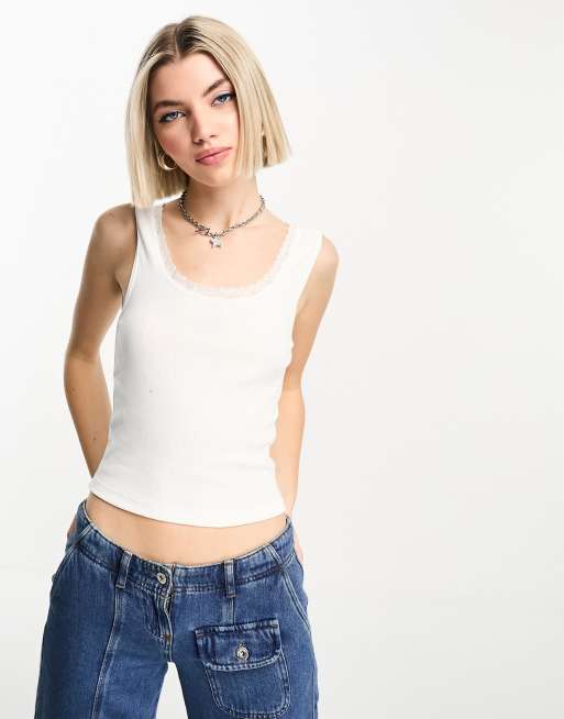 Lace-trimmed cami top - Cream - Ladies