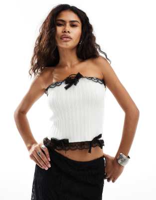 lace trim knit bandeau top in white