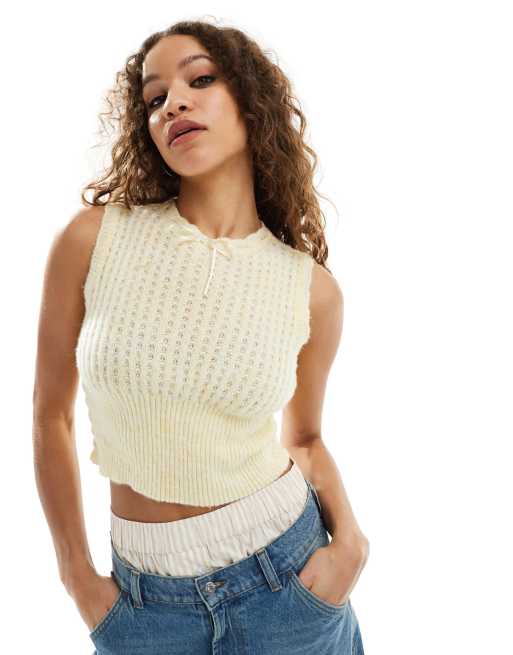 COLLUSION lace trim knitted singlet in buttermilk yellow
