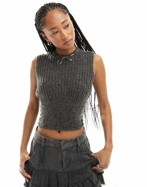 COLLUSION lace trim knitted vest in grey - view 1