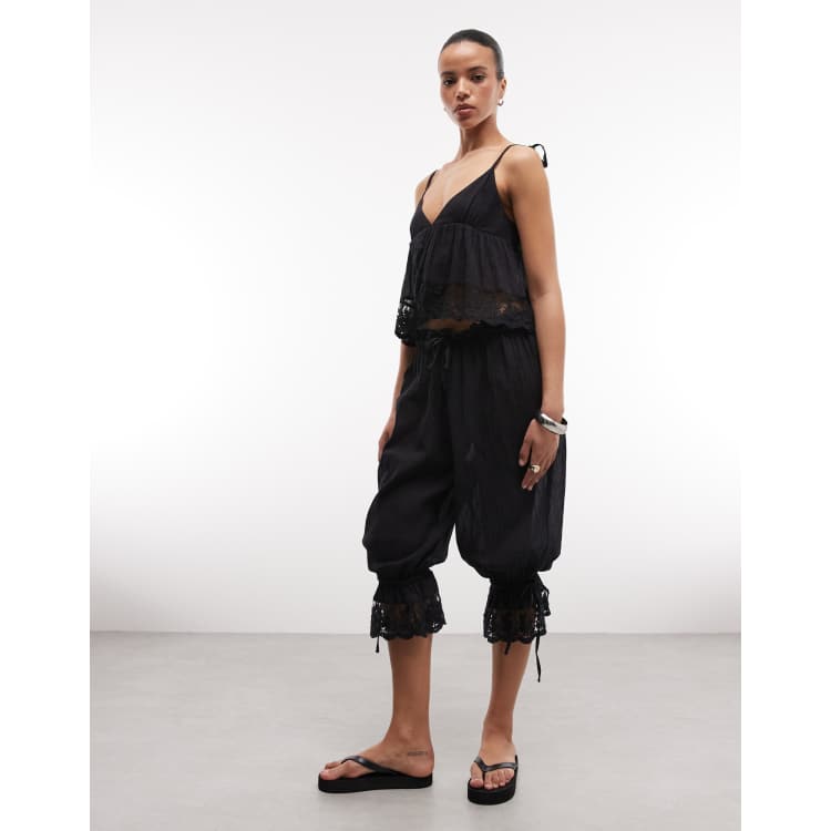 COLLUSION lace trim oversized beach bloomers and cami set in black