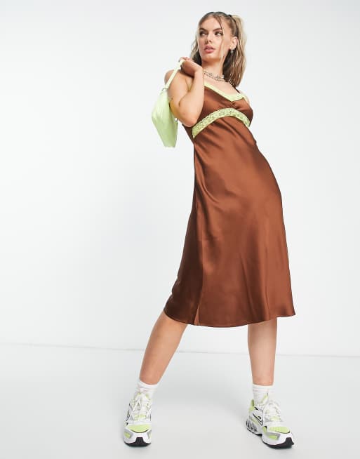 COLLUSION lace trim satin slip midi dress in brown | ASOS