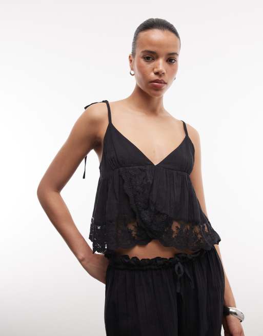 a ccordion LAYERING CAMI SET 黒 COLLUSION lace trim oversized beach bloomers and cami set in black
