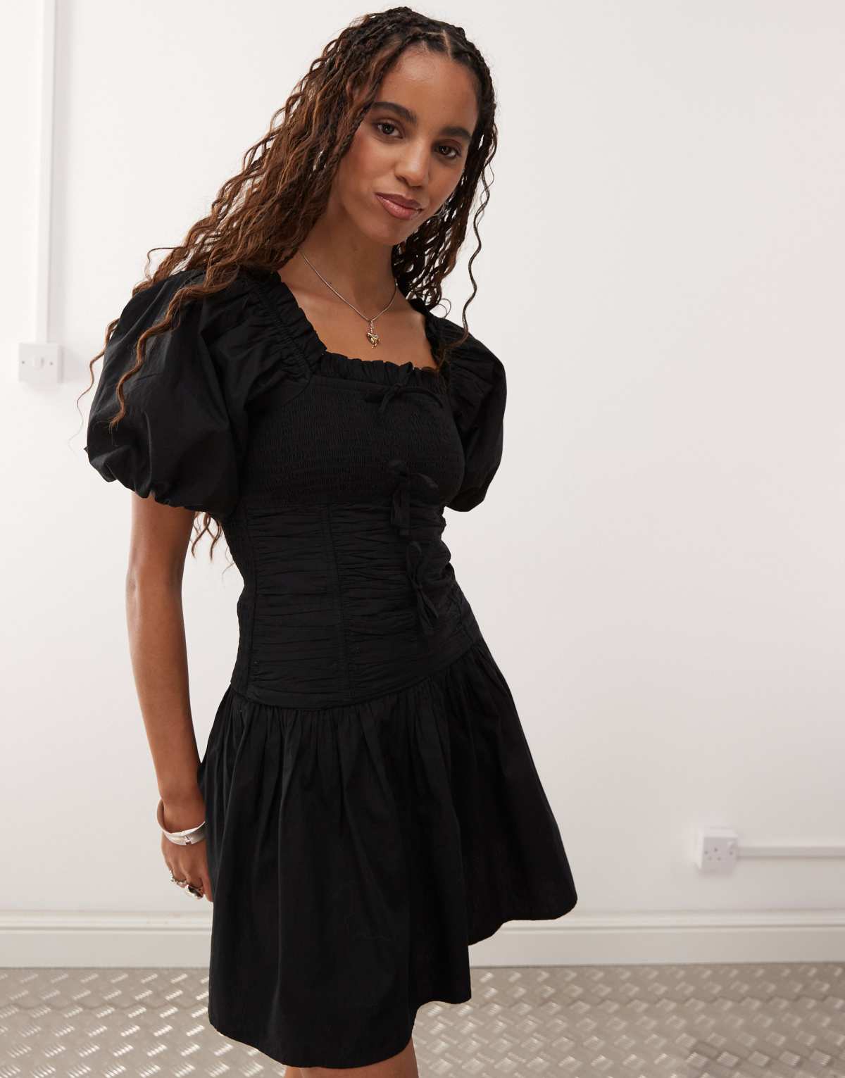 COLLUSION lace up puff sleeve mini dress in black
