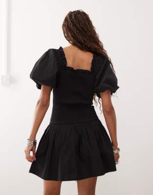 Collusion Lace Up Puff Sleeve Mini Dress